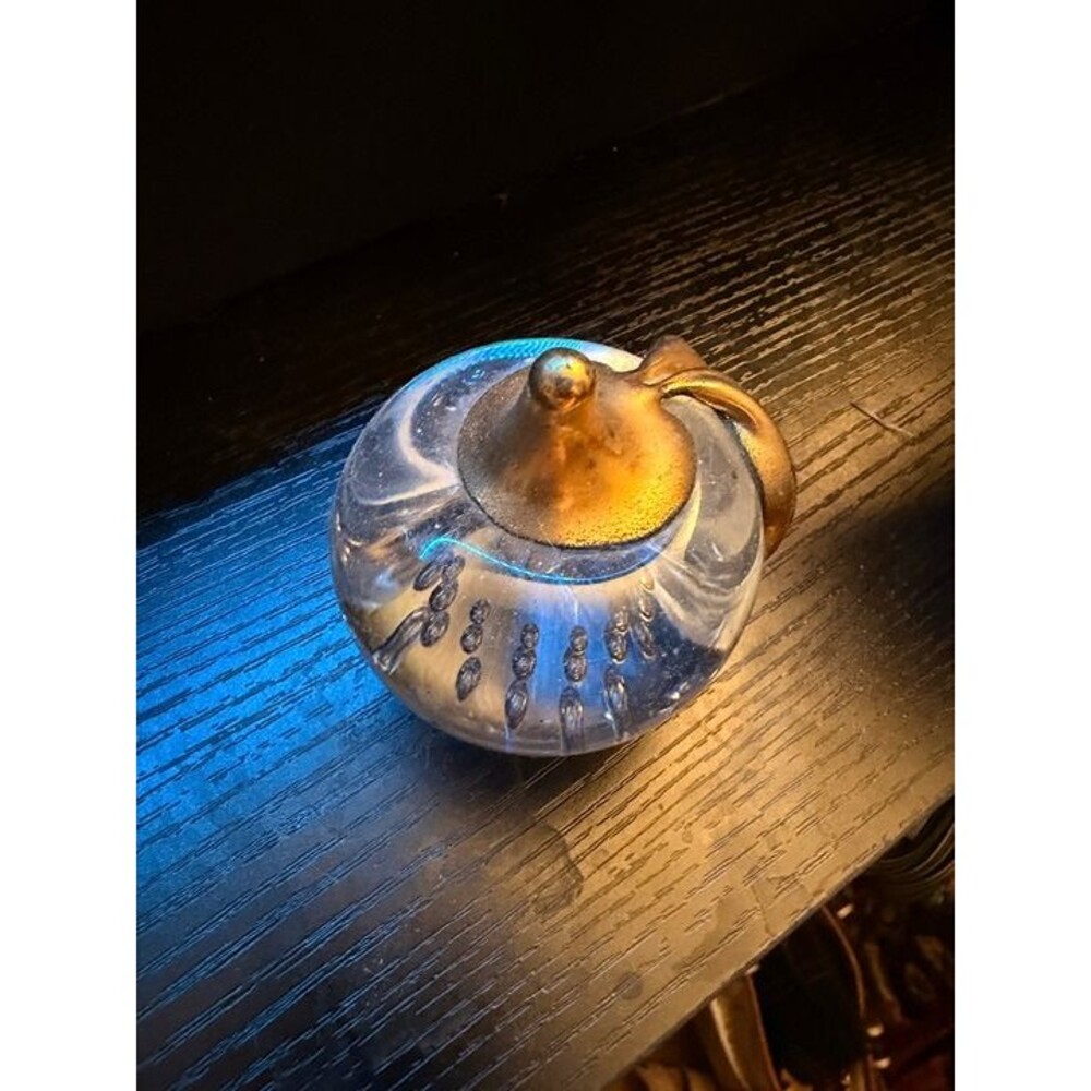 Vintage Clear Glass With Bubbles 3" Apple Paperweight Metal Stem And Leaf Gold